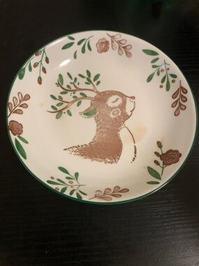 White Ceramic Deer Botanical Serving Bowl with Green Accents
